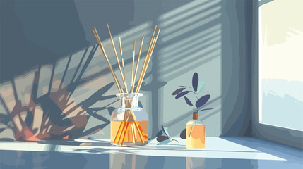 Bottle of reed diffuser on table in room closeup Vector