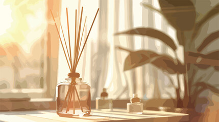 Bottle of reed diffuser on table in room closeup Vector
