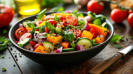 Fresh vegetable salad with tomato, cucumber, onion and basil in a bowl