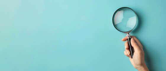 Biology business working dedective searching concept banner - Close up of a woman's hand holding a magnifying glass lens in her hand, isolated on blue background