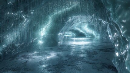A smooth, virtual ice cave, its walls shimmering with embedded digital crystals and icicles, the ambient light casting a cool, serene glow throughout the cavern. 32k, full ultra hd, high resolution