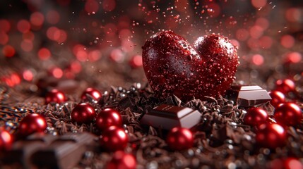 Chocolate heart splash. Liquid chocolate in the shape of a love heart. Space for text.