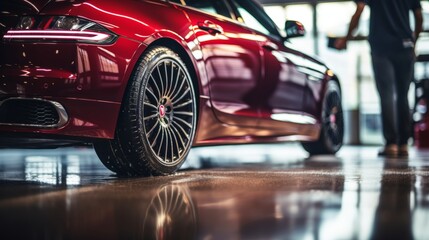 Professional detailer cleans red performance car with high pressure water at auto shop