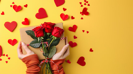 Female hands with gift box hearts and bouquet of red roses