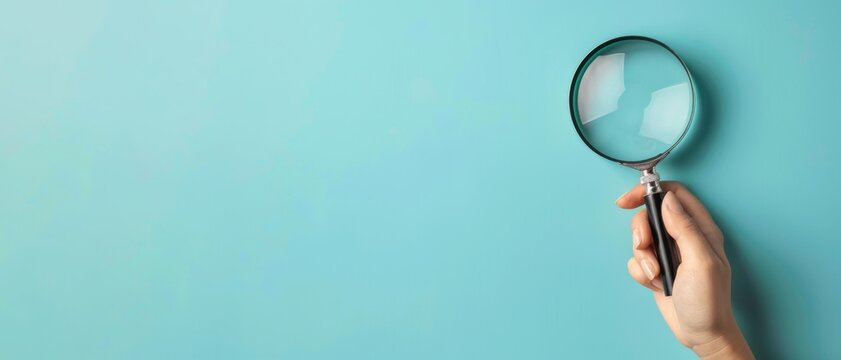 Biology business working dedective searching concept banner - Close up of a woman's hand holding a magnifying glass lens in her hand, isolated on blue background