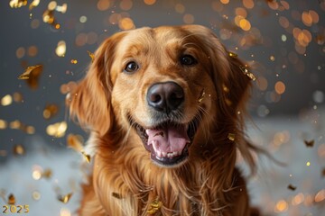 Adorable golden retriever Dog Celebrating 2024 with Golden Confetti on White Background: Joyful New Year Concept. Postcard with copy space for text for new year with pet，Joyful Golden Retriever