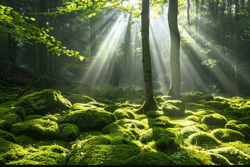 A tranquil forest scene with sunlight filtering through the canopy onto moss-covered rocks,...