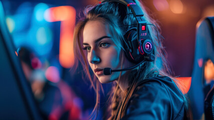 Beautiful young female gamer playing online video games using a headset.