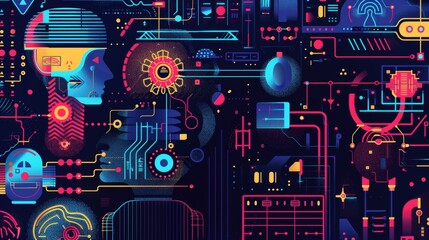 Vibrant illustrations showcasing the evolution of AI technology over the years.