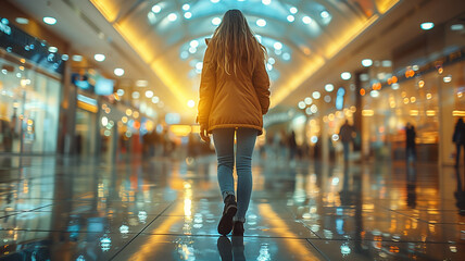 Obraz premium This Woman walking briskly in a modern airport hallway. Woman Walking Down Airport Hallway