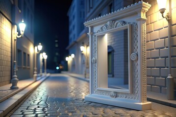 Frame mockup for marketing on illuminated street in the city at night. Generative AI