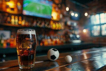 A soccer ball and a glass on the table in the sports bar. Recreation, entertainment. Beer pub, showing sports matches