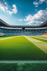 Fototapeta premium View of an empty football stadium, stands. A sports facility. A playground for the game. Modern architecture