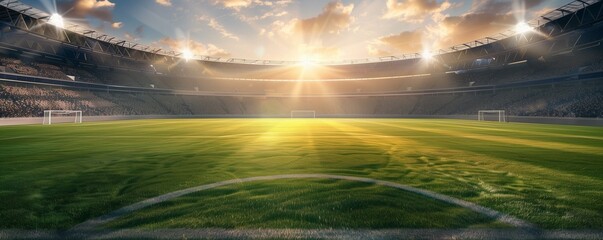 View of the empty football stadium, the stands at sunset and sunrise. A sports facility. A...