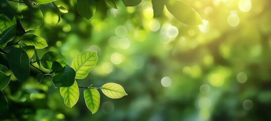 Green leaves with soft sunlight background. Springtime and growth concept.  Banner with copy space for environmental awareness campaign or Earth Day.