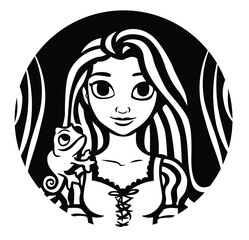 Black and white vector illustration of a beautiful girl with long hair holding a frog