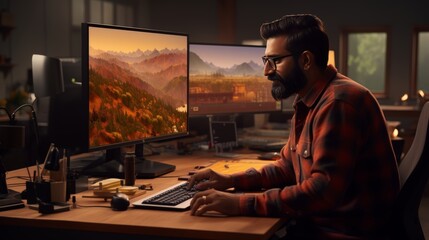 Indian game designer using 3d software to create characters in diverse game development office