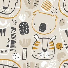 Vector seamless pattern with tropical animals. Print for kids with African animals. Tiger, koala, lion, zebra, palm tree, pineapple. Hand drawn texture for fabric, children's clothes, textiles.