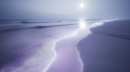 A soft, lavender light projection on a white sand beach, the gentle waves reflecting the light and creating a magical, surreal landscape under the moonlight. 32k, full ultra hd, high resolution