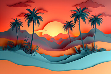 Mystical Desert Oasis Sunset Landscape in Paper Art Style with Geometric Patterns and Vibrant Colors