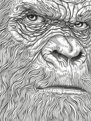 Artistic bigfoot line art drawing illustration sketch of a sasquatch face