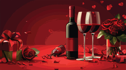 Bottle of wine with glasses roses and gift on red background