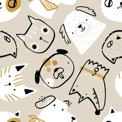 Vector seamless pattern with cute cats and dogs on beige background. Pets. Kitten, puppy. Creative kids texture for fabric, wrapping, textile, wallpaper. Cartoon funny hand-drawn animals.