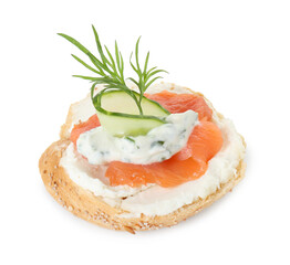 Tasty canape with salmon, cucumber, cream cheese and dill isolated on white