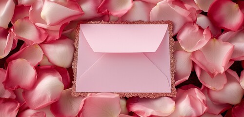 A soft, pastel pink invitation card, its edges finely detailed with rose gold glitter, lying atop a bed of fresh, fragrant rose petals, suggesting a sweet and intimate celebration. 32k