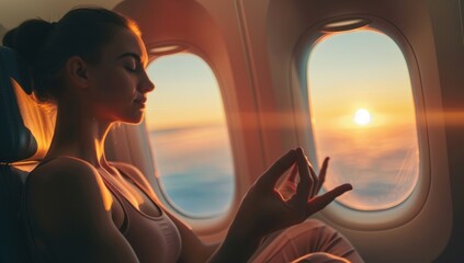 A woman meditating in the plane, sitting in an airplane window with a beautiful sunset view outside.