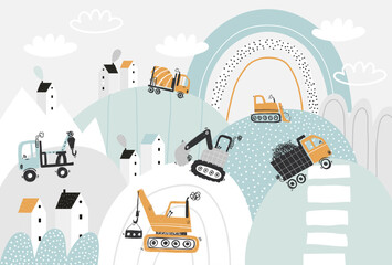 Vector children hand drawn cute construction cars, mountain landscape, houses. City. Boho trendy design. Scandinavian. Illustration. Kids wallpaper design. Baby room design, wall decor, mural. © ZHUKO