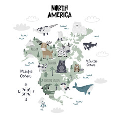 Naklejka premium North America cute vector map illustration for kids. Animal map. Children's map design for wallpaper, kid's room, wall art. Oceans. Mainland. Deer, raccoon, beaver, yak, bear, narwhal, orca, whale.