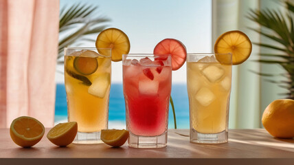 Fototapeta premium Cold summer fruity lemonade drinks, refreshing infused water in glasses, diet, detox and healthy lifestyle.