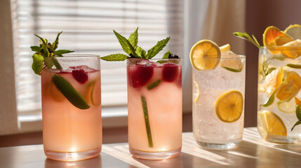 Cold summer fruity lemonade drinks, refreshing infused water in glasses, diet, detox and healthy lifestyle.
