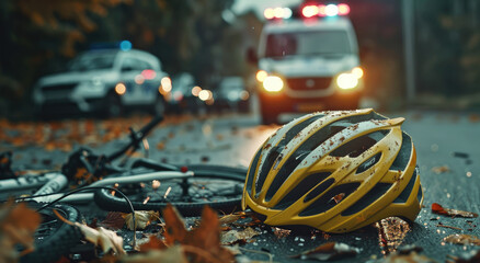 A yellow and white mountain bike helmet on the ground next to an ambulance with its lights flashing...