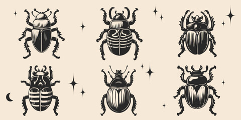 Hand drawn beetles and bugs set. Vintage y2k tattoo ink style, realistic engraving. Decorative insect graphic Isolated on background for print, tattoo, poster, card. Monochrome
