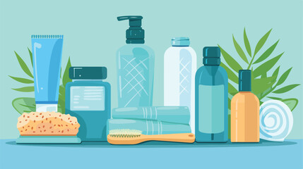 Bottles of cosmetic products massage brush sponge  - obrazy, fototapety, plakaty