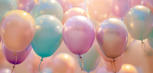 A soft-focus background of pastel balloons, their surfaces reflecting a dreamy, golden hour light, creating a backdrop filled with hope, dreams, and celebration. 32k, full ultra hd, high resolution