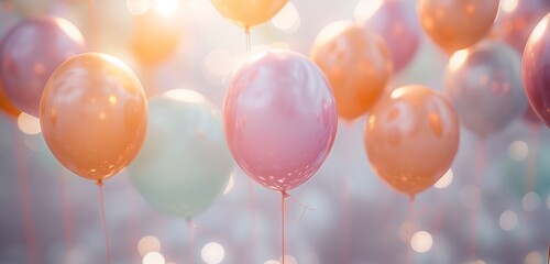 A soft-focus background of pastel balloons, their surfaces reflecting a dreamy, golden hour light,...