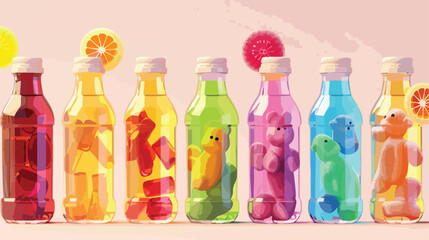 Bottles of drink and different jelly bears on light backgroun