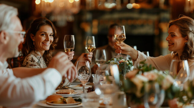 Mother's Day brunch at an elegant restaurant, a table set with fine china and crystal glasses
