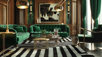 A sophisticated, art deco-inspired living room with plush, emerald green seating, geometric gold...