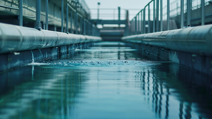 A long, narrow body of water with a reflection of the sky above. The water is calm and clear, and the sky is overcast