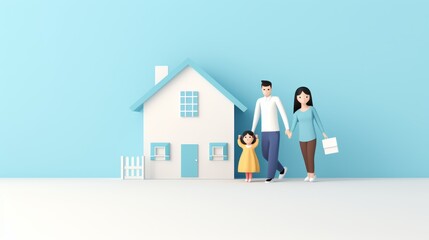 A happy family of three, consisting of a father, a mother, and their daughter, is walking towards their new home