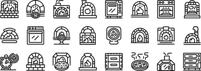 Pizza oven icons set outline vector. Stone process maker. Furnace food