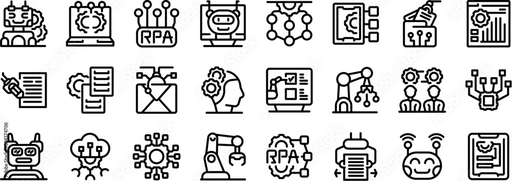 Poster rpa icons set outline vector. robotic process. data arms website