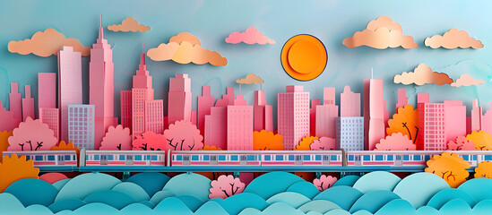 Stylized Cityscape with Subway Trains in Colorful Paper Art