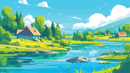 Lovely small town flat cartoon landscape countrysid