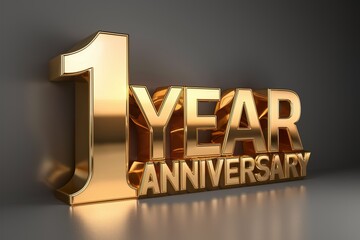 A illustration featuring a large, golden number "1 year anniversary" displayed in a sleek, futuristic, metallic text, grey background
