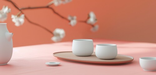 Obraz na płótnie Canvas A soothing, salmon pink background, its calm hue providing a serene canvas for a minimalist, white ceramic tea set, symbolizing purity and tranquility. 32k, full ultra hd, high resolution
